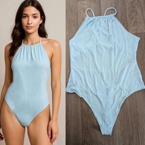 NEW! American Eagle | Halterneck Cut-out Back Thong Bodysuit In Light Blue